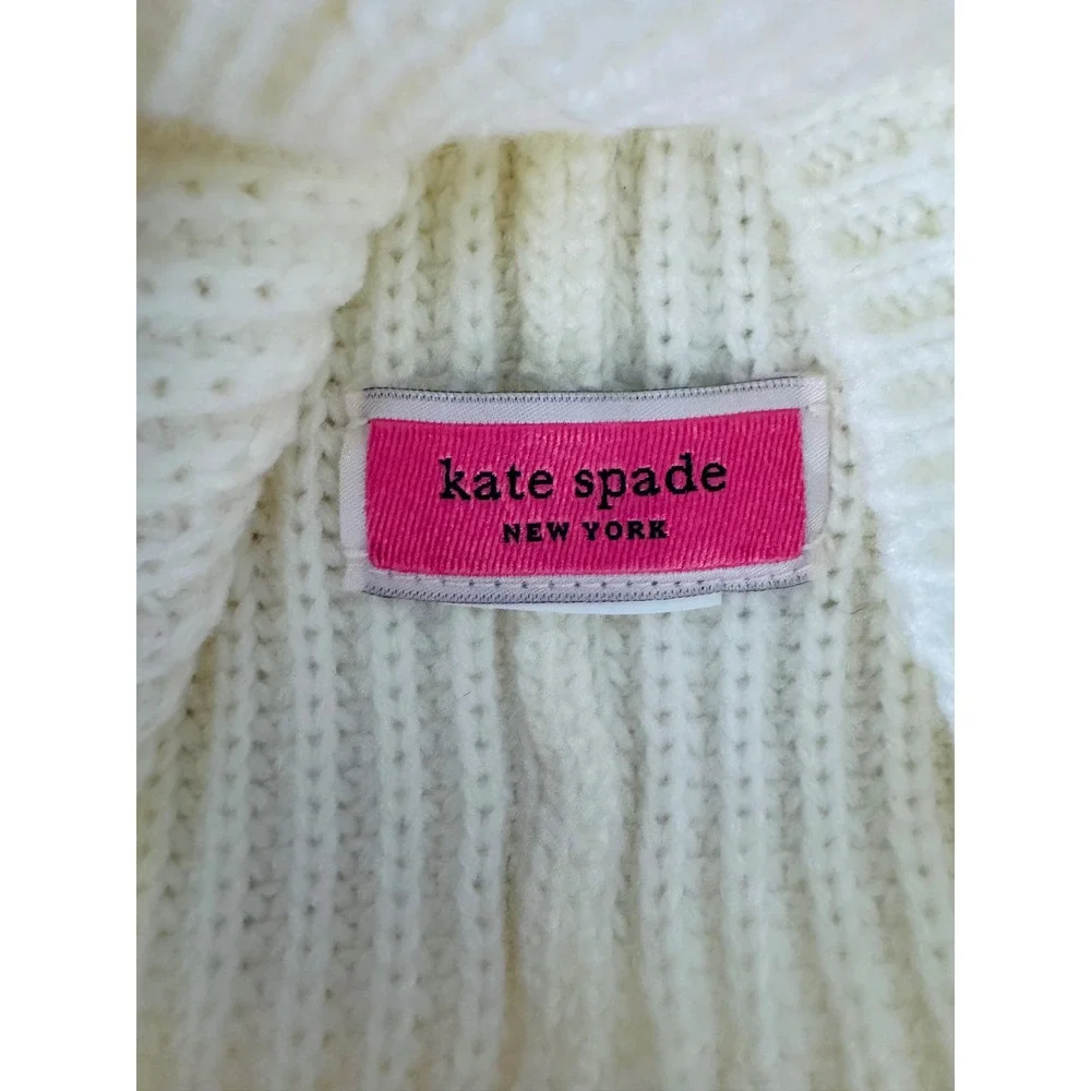Kate Spade New York Cream Ribbed Knit Beanie Hat with Bow Women